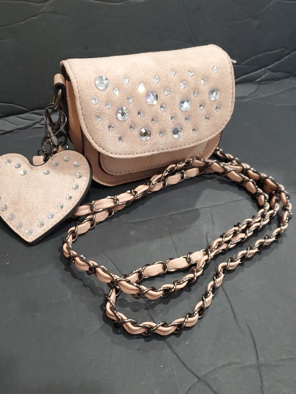 Blush crystal studded micro crossbody bag with heart charm‎ and chain strap new